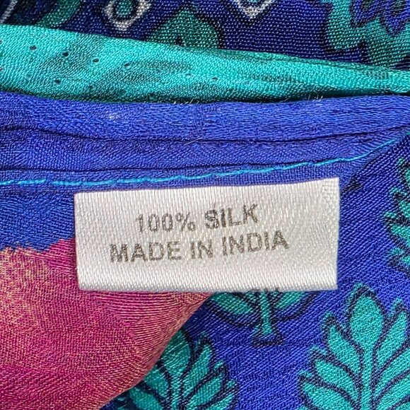 Womens Vintage Reversible Blue Indian 100% Silk Wrap Skirt Floral Print One Size - Picture 5 of 9